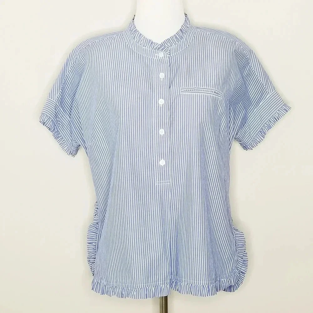 J. Crew Blue & White Pinstripe Ruffle Blouse 0